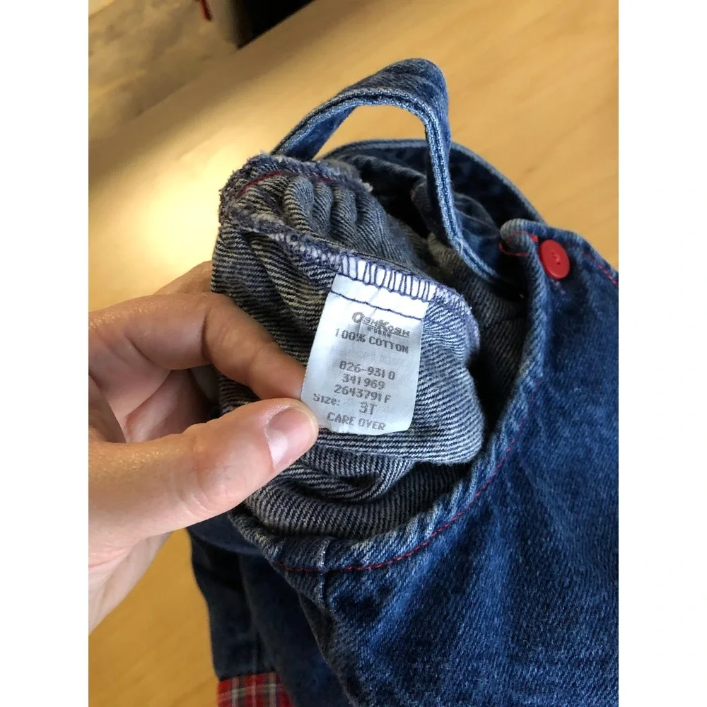VTG OshKoshBGosh Kids Denim Bubble Overalls 3T Blue Plaid 90s Retro Kidcore USA